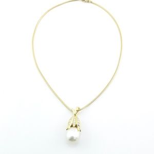 Vintage 18K Yellow Gold Pearl and Diamond Bell Flower Pendant Necklace #1469